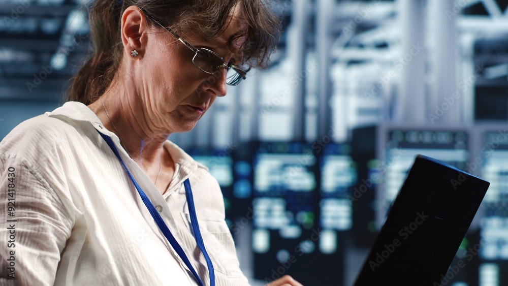 Poster precise professional working in server farm housing gpu dedicated supercomputers that can process ai