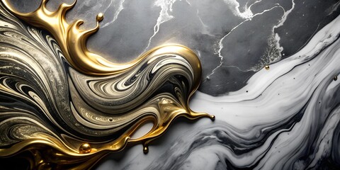 Abstract painting of white, black, and gold swirls, background with swirls. Marbled abstract background. Liquid marble pattern. Golden glitter texture. Fluidart, poster, wallpaper.