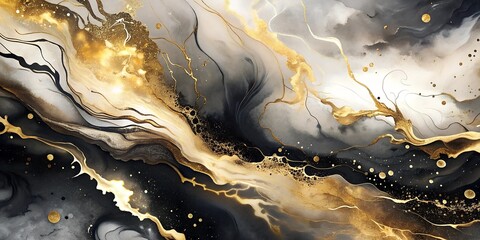 Abstract painting of white, black, and gold swirls, background with swirls. Marbled abstract background. Liquid marble pattern. Golden glitter texture. Fluidart, poster, wallpaper.