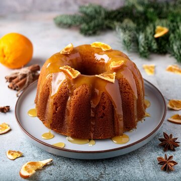 Winter citrus pound bundt cake with orange zest maple cirup syrup. Sweet Bundt Cake with Orange Maple Frosting