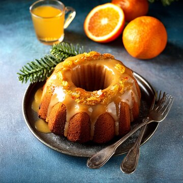Winter citrus pound bundt cake with orange zest maple cirup syrup. Sweet Bundt Cake with Orange Maple Frosting