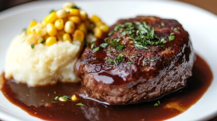 Salisbury steak with gravy served alongside creamy mashed potatoes and buttered corn on a white plate