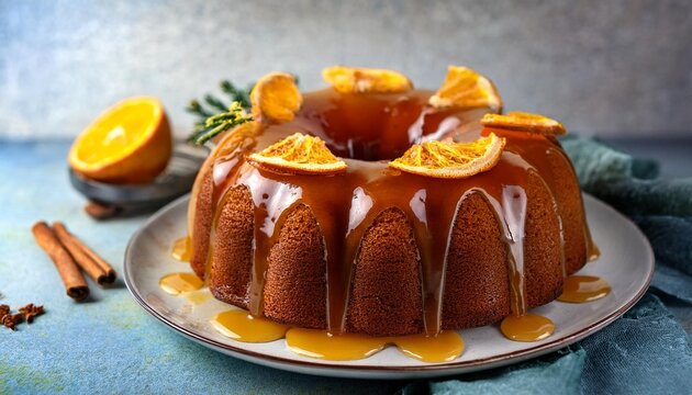 Winter citrus pound bundt cake with orange zest maple cirup syrup. Sweet Bundt Cake with Orange Maple Frosting