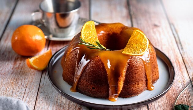 Winter citrus pound bundt cake with orange zest maple cirup syrup. Sweet Bundt Cake with Orange Maple Frosting