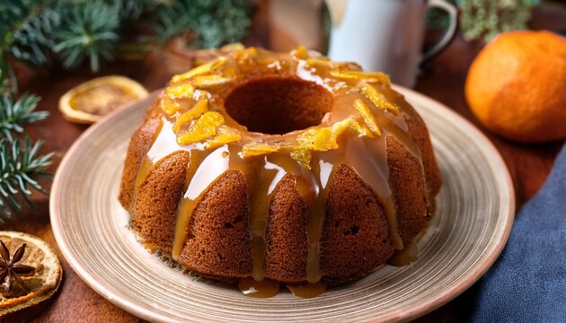 Winter citrus pound bundt cake with orange zest maple cirup syrup. Sweet Bundt Cake with Orange Maple Frosting