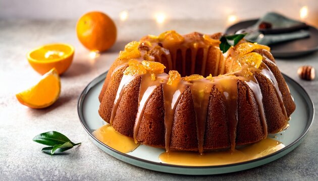 Winter citrus pound bundt cake with orange zest maple cirup syrup. Sweet Bundt Cake with Orange Maple Frosting
