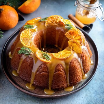 Winter citrus pound bundt cake with orange zest maple cirup syrup. Sweet Bundt Cake with Orange Maple Frosting