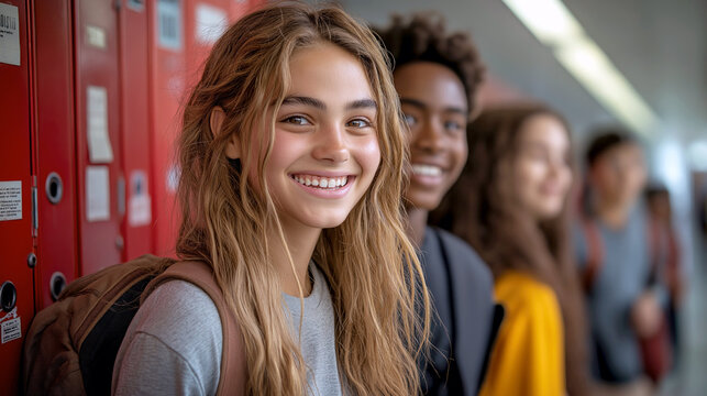 Group of diverse high school students, with a focus on a smiling Caucasian girl with long blonde hair, standing in a hallway near red lockers.

