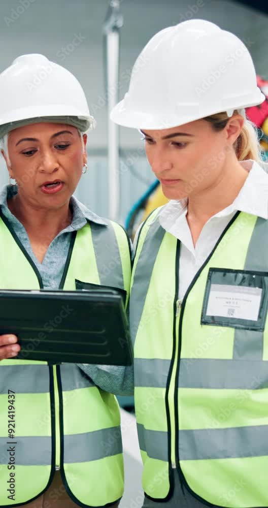 Poster Machine, women and discussion with tablet in factory for design review, inspection results and compliance reports. Engineers, robotics facility and online for technical manual or system configuration