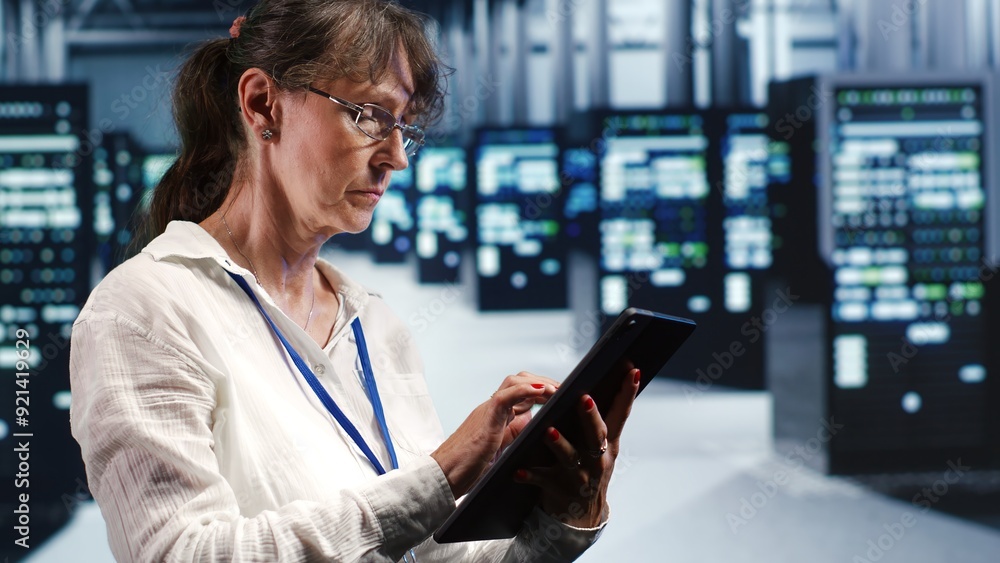 Poster octogenarian system administrator working in data center housing gpu dedicated server rigs that can 