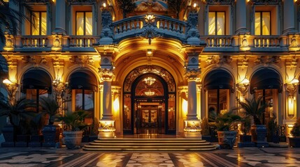 Fototapeta premium A stunning hotel entrance welcomes guests with warm lights and intricate designs, surrounded by tropical plants