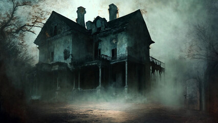 Horror digital painting featuring ghostly apparitions lurking in the shadows of an abandoned mansion, 16:9 widescreen, 300 dpi, with space for text