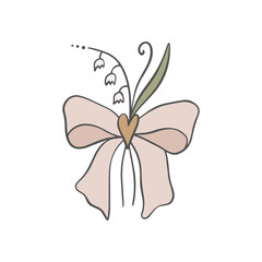 Coquette pretty charming pink heart bow frame and bouquet of lilies of the valley wildflowers set. Wedding or Birthday party floral botanical illustration, cute doodle flower decor, boho flat girl