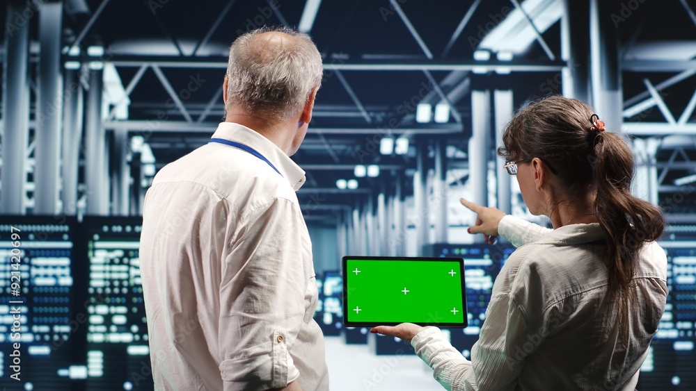 Poster specialists using mockup tablet to monitor energy efficient data center clusters. server units using