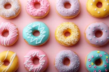 Pastel donuts arranged perfectly in a knolling layout against a soft pink background