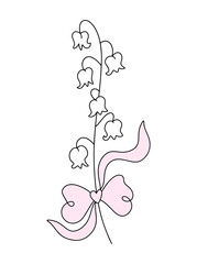 Coquette pretty charming pink heart bow frame and bouquet of lilies of the valley wildflowers set. Wedding or Birthday party floral botanical illustration, cute doodle flower decor, boho flat girl