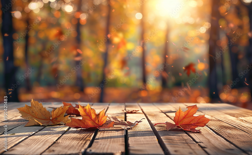 Aufkleber autumn background with an empty rustic wooden table top and fall leaves in the forest on a blurred b