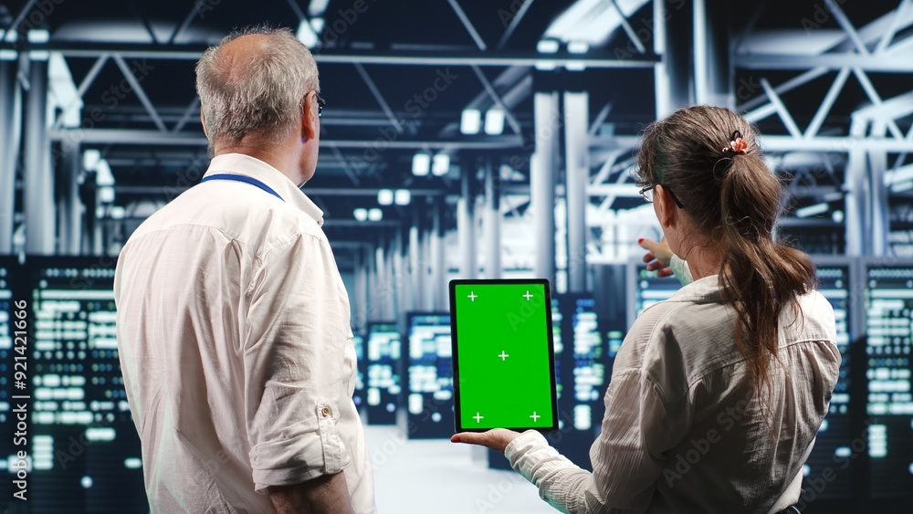 Poster experts using chroma key tablet to monitor energy efficient data center clusters. server devices usi