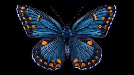 Uma foto de perto de uma borboleta azul ostentando manchas laranja nas asas contra um fundo preto