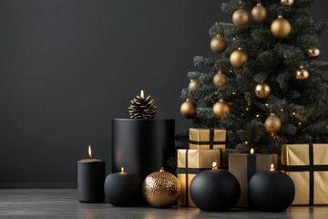 Elegant Christmas decoration with a black tree and golden accents in a cozy indoor setting