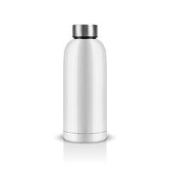 Vector Realistic 3D White Blank Glossy Reusable Water Bottle with Silver Bung Closeup Isolated. Design Template of Packaging Mockup. Front View