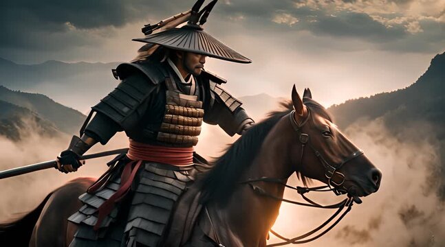 Old samurai warrior riding his horse  ready for war