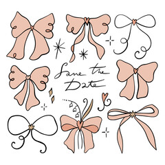 Set of coquette pretty charming pink heart frame, bow frame and bouquet of lilies of the valley wildflowers bundle collection and lettering text. Wedding or Birthday party floral botanical