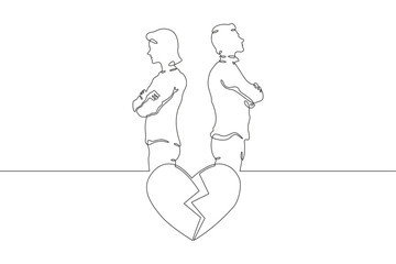 A quarrel between lovers. A man and a woman stand with their backs to each other. A broken heart. Parting. A symbol of love.One continuous line. Line art. Minimum one line. White background. One line