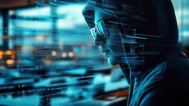  male hacker wearing a hoodie and sunglasses blurred with information technology overlay, data security breakin