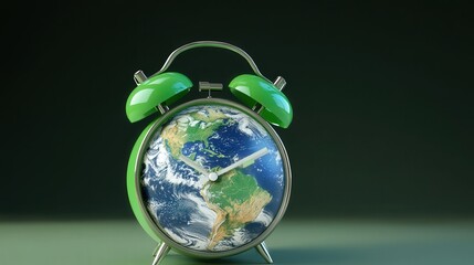 a alarm clock with the face of clock of planet earth, envirnoment nature