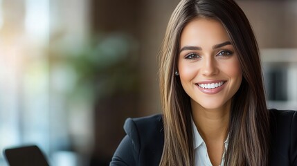 Fototapeta premium Smiling Female business manager Interviewing an Applicant, executive office background, copy space