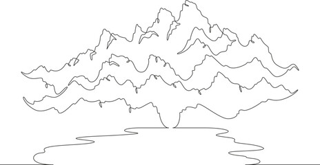 Mountain landscape with a lake. Rocks near the water. Mountain lake. Sea bay.One continuous line. Line art. Minimum one line. White background. One line drawing.