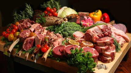 A colorful assortment of raw meats on a butcher block, showcasing a variety of cuts and textures for a culinary feast.