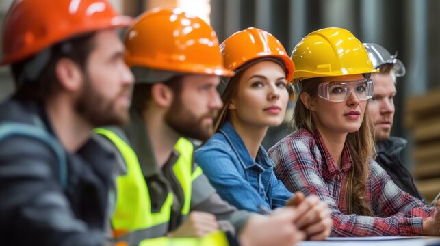 Generate a photo realistic image of a workplace safety committee meeting, with members discussing safety initiatives, incident reports, and safety performance metrics