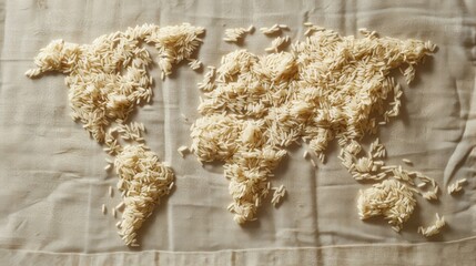 A creative arrangement of rice grains forming the shape of a map, symbolizing the global significance of rice as a staple food.