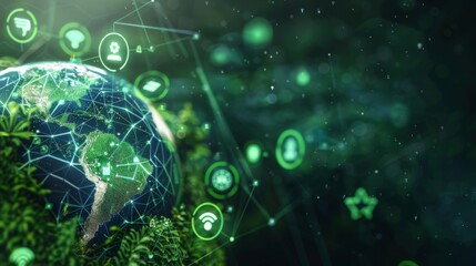 Obraz premium A digital representation of Earth with a focus on the ozone layer, surrounded by green icons for World Ozone Day