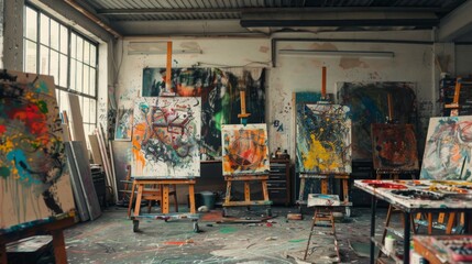 Obraz premium A dynamic art studio with large easels, vibrant paints, and creative chaos, showcasing the energetic process of artistic creation.