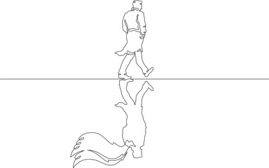 A man is walking. Reflection in the form of an angel with wings. Portrait with reflection on the ground.One continuous line. Line art. Minimum one line. White background. One line drawing.