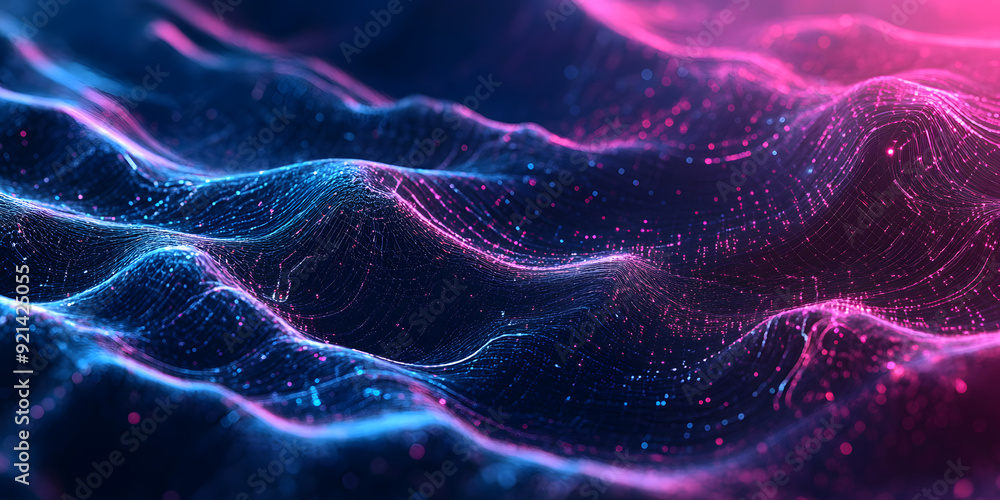 Poster abstract wavy background of many lines and dots with a blue-violet gradient. waves. neon colors