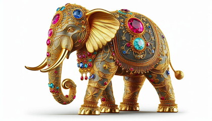 Fototapeta premium elegant beautiful colorful elephant idol isolated with shiny golden wire sapphire and ruby jewels and ornate, gold thread in white background