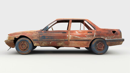 Side view of a rusty, abandoned car on white background, illustrating vehicle decay, weathering, and the passage of time in automotive context.