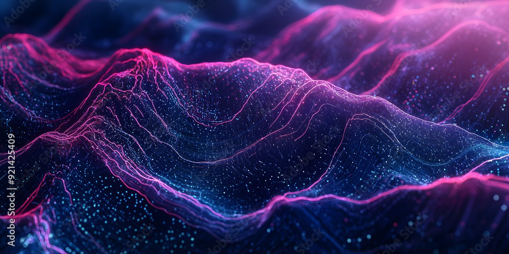 Poster abstract wavy background of many lines and dots with a blue-violet gradient. waves. neon colors