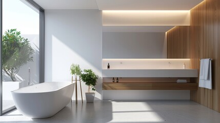 A minimalist bathroom with floating cabinets, emphasizing open space and clean lines.