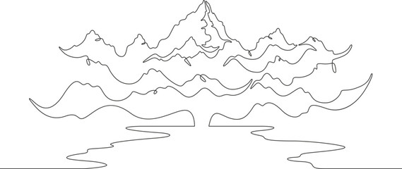Mountain landscape with a lake. Rocks near the water. Mountain lake. Sea bay.One continuous line. Line art. Minimum one line. White background. One line drawing.