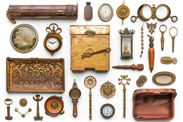 A collection of old and antique items, including vases, bowls, and cups