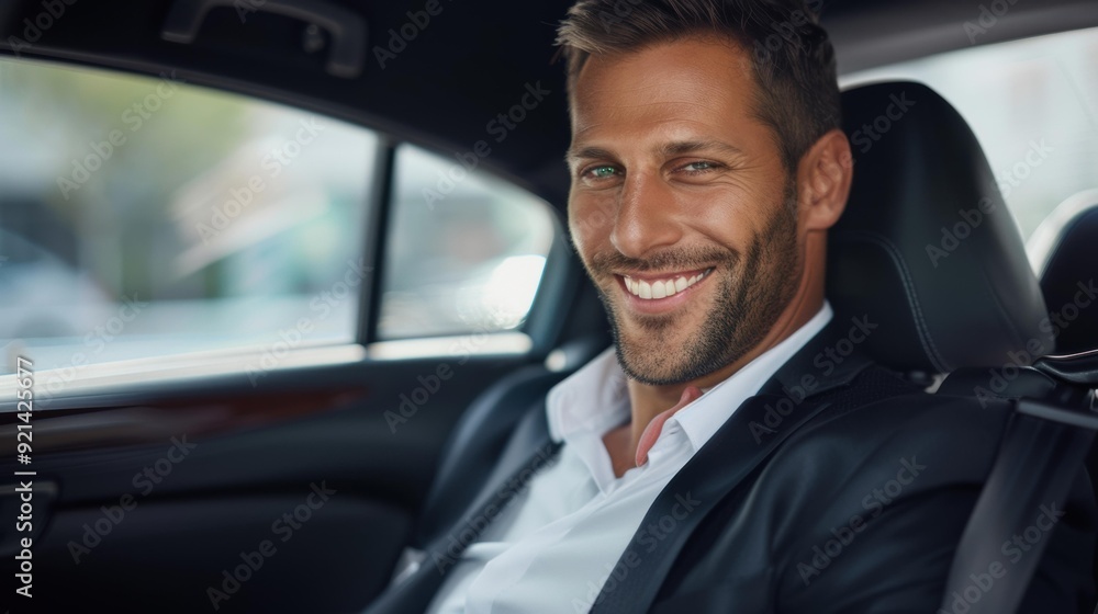 Poster A man in a suit smiles from the backseat of a car. AI.