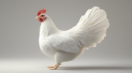 A white chicken with a red comb stands on a gray background. It is looking to the left of the frame. Its feathers are fluffy and its beak is open.
