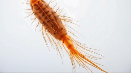 A close-up of a tiny orange organism with long, thin appendages. AI.