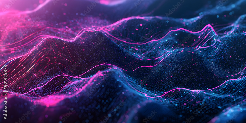 Poster abstract wavy background of many lines and dots with a blue-violet gradient. waves. neon colors