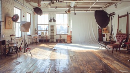 A photography studio with a variety of backdrops, lighting setups, and props, ready for a versatile range of photo shoots and projects.